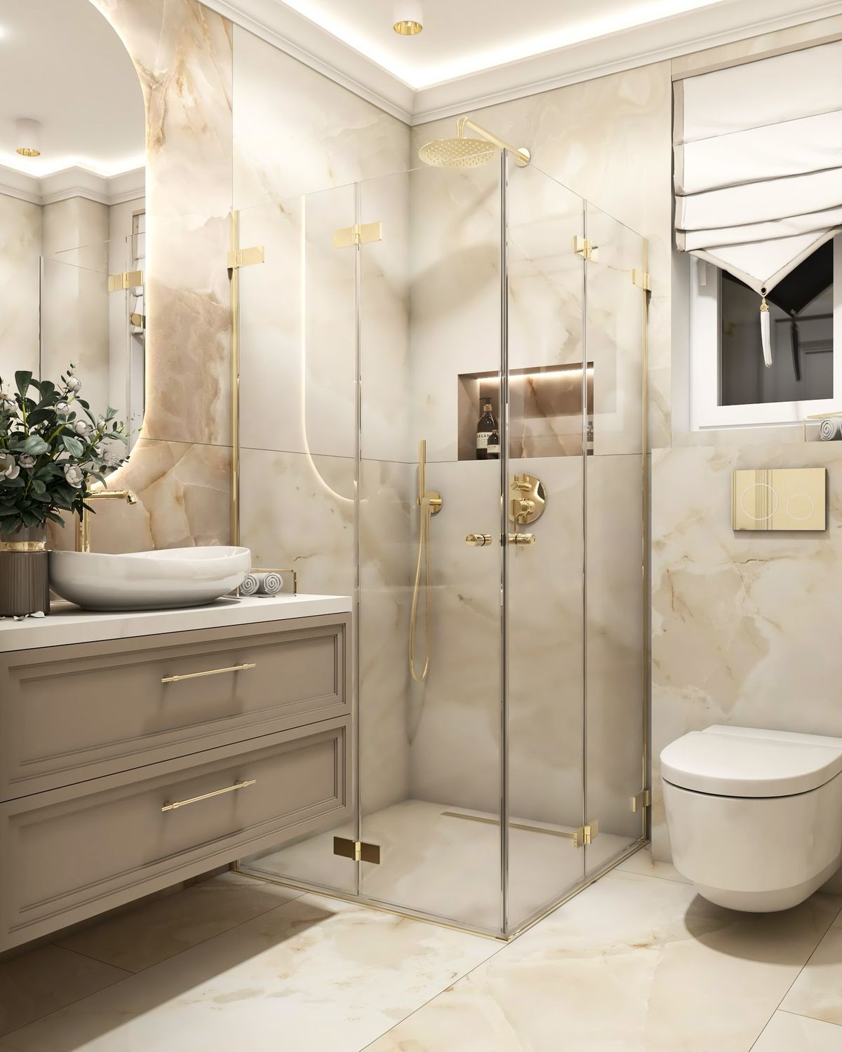 Bespoke Stone Vanity Washroom featuring Freestanding Soak Tub & Niches #15